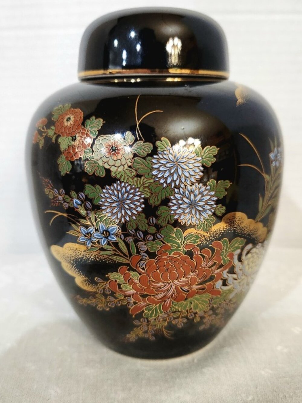 Vintage Yamaji Japan Ginger Jar w/Black Floral & Butterfly Design 6.25 "